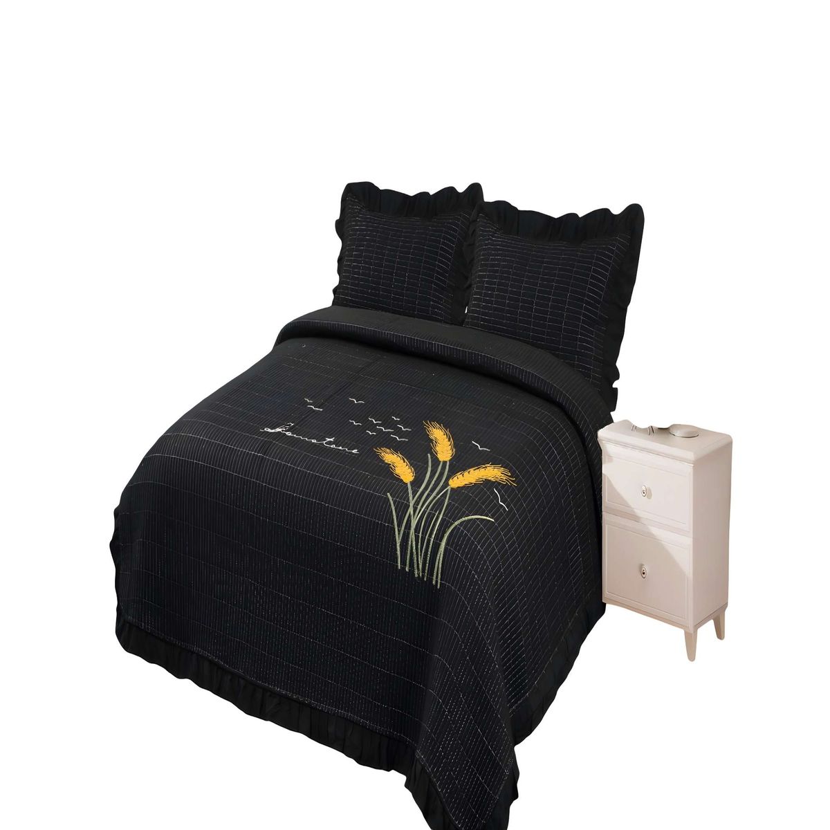 GENERICO - CUBRECAMA QUILT DE VERANO CON FLORES BORDADAS 2 PLAZAS NEGRO 2_.