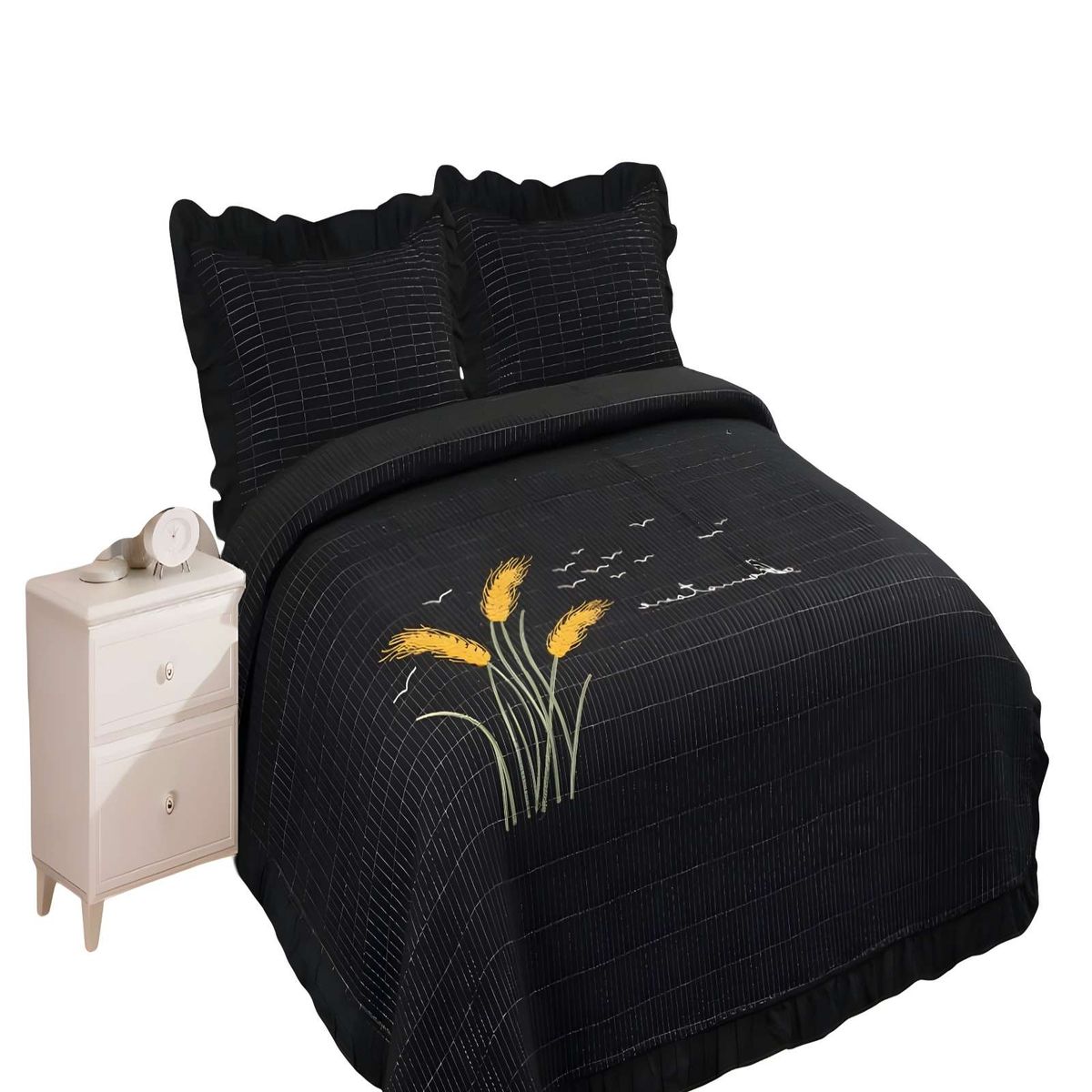 GENERICO - CUBRECAMA QUILT DE VERANO CON FLORES BORDADAS 2 PLAZAS NEGRO 2_.