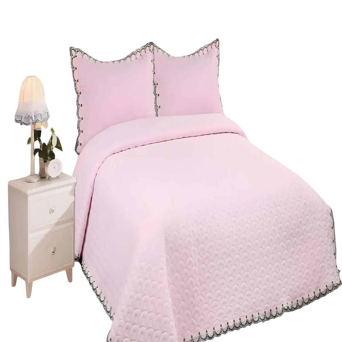 GENERICO - CUBRECAMA QUILT DE VERANO BORDADO 2 PLAZAS ROSA