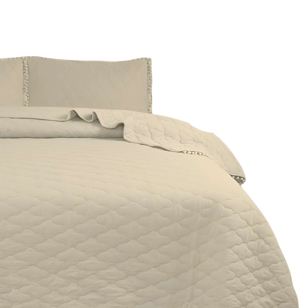 GENERICO - CUBRECAMA QUILT DE VERANO CON POMPONES KING BEIGE