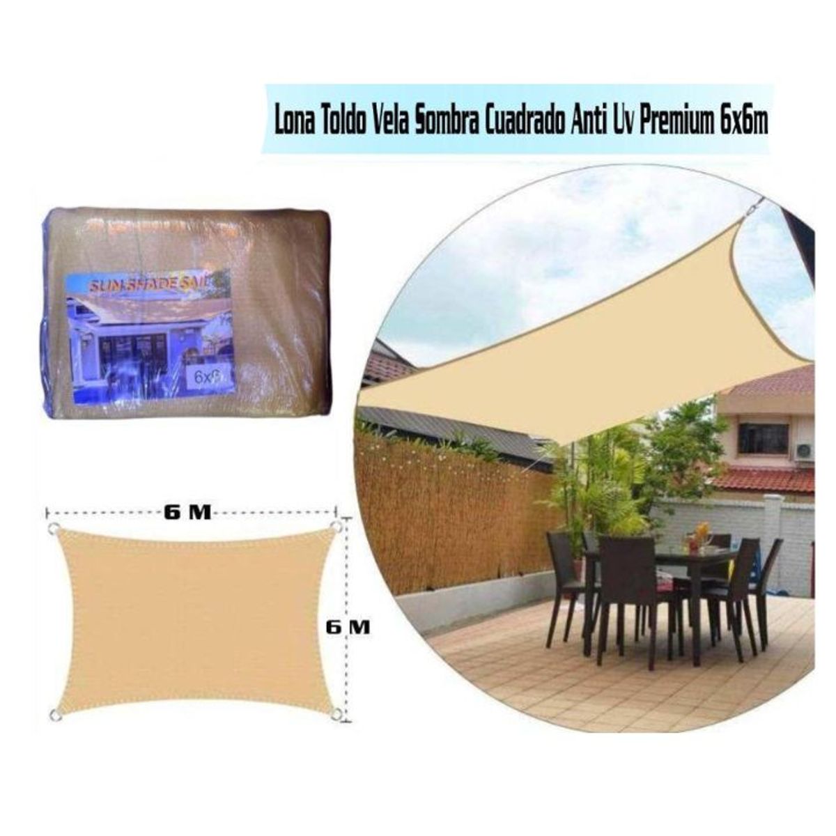GENERICO - Lona Toldo Vela Sombra Cuadrado Anti Uv Premium 6×6m