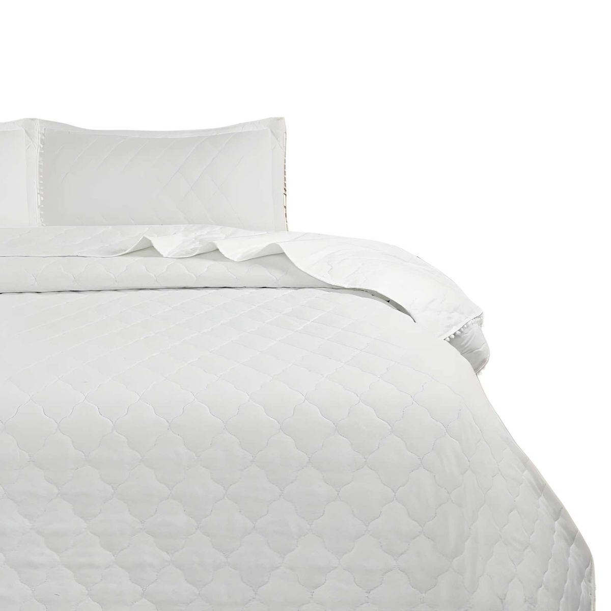 GENERICO - QUILT CUBRECAMA DE VERANO CON POMPONES 2 PLAZAS BLANCO
