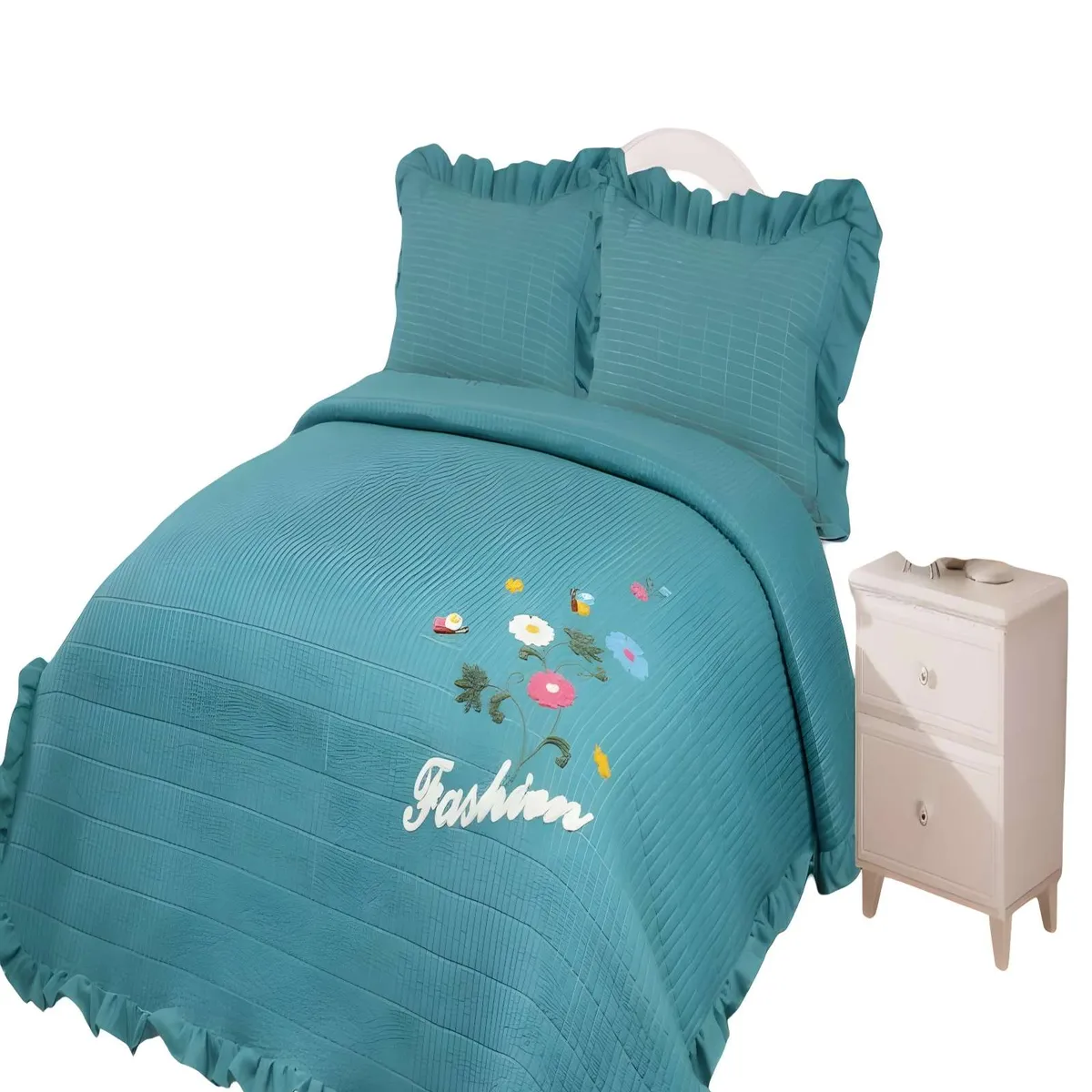 GENERICO - QUILT CUBRECAMA DE VERANO CON FLORES BORDADAS 2 PLAZAS TURQUESA