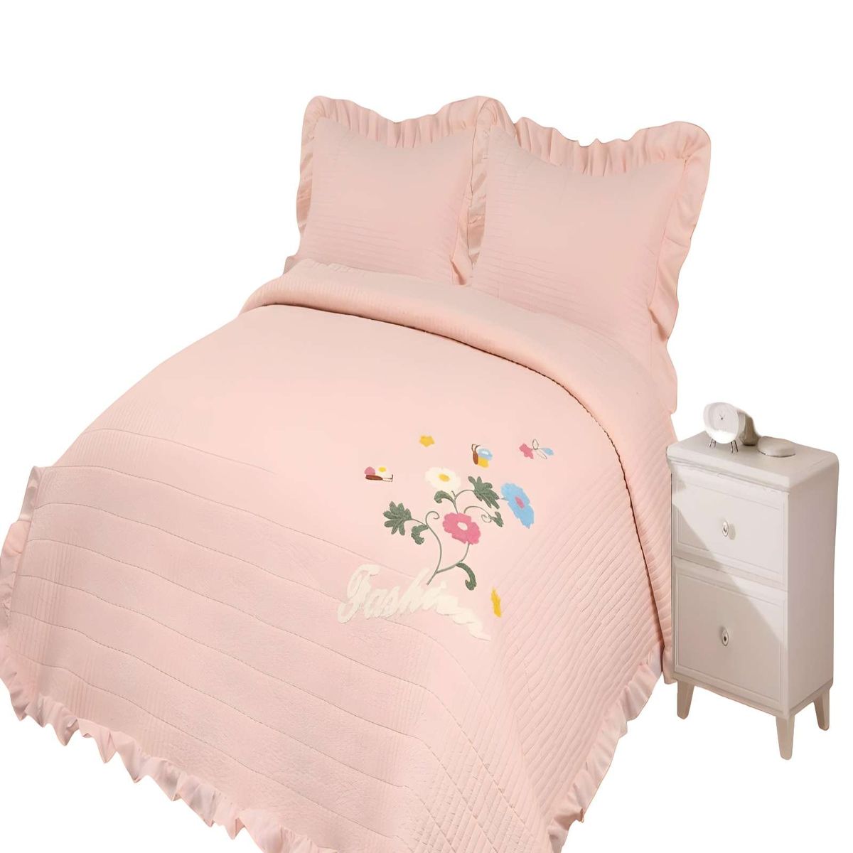 GENERICO - QUILT CUBRECAMA DE VERANO CON FLORES BORDADAS 2 PLAZAS  BEIGE