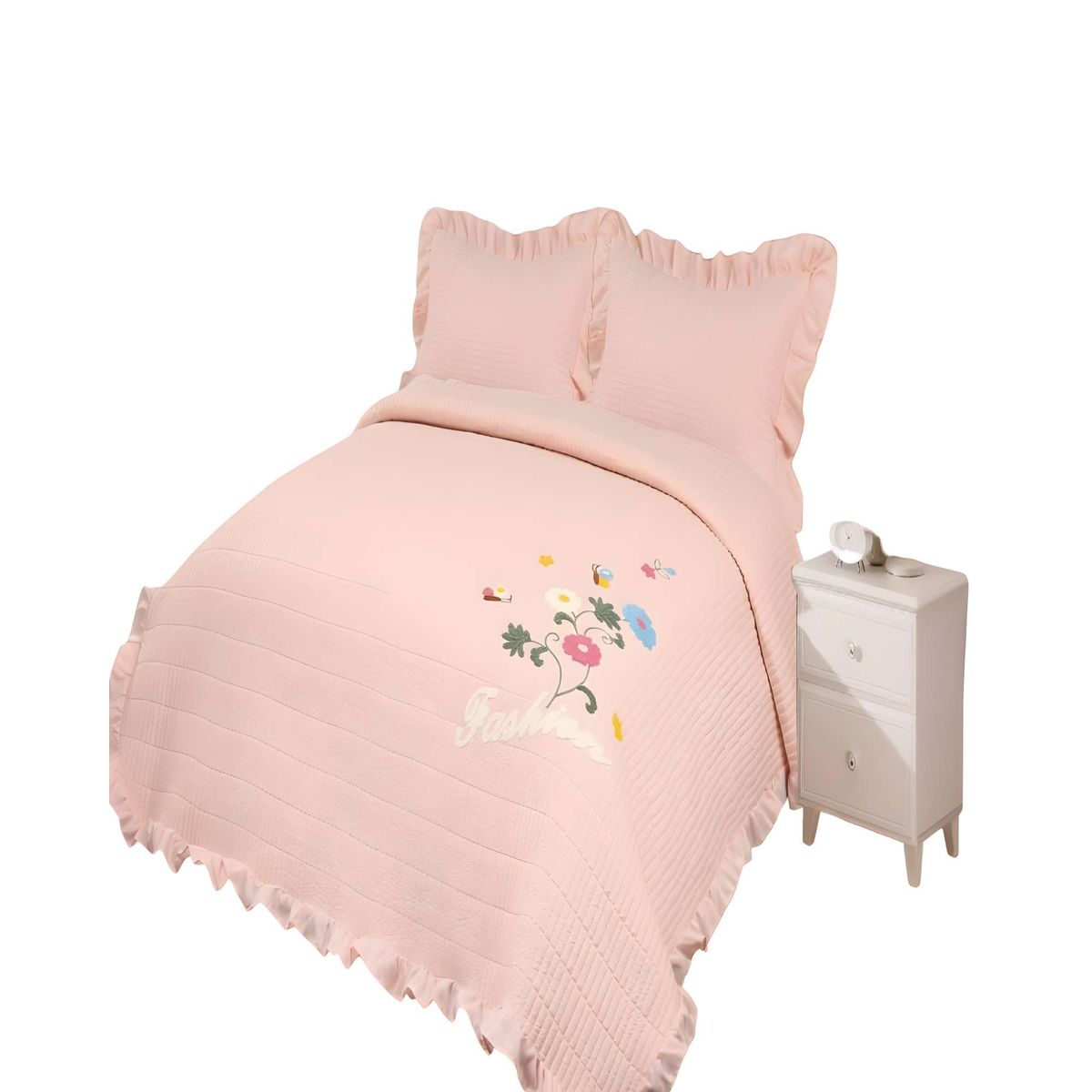 GENERICO - QUILT CUBRECAMA DE VERANO CON FLORES BORDADAS 2 PLAZAS  BEIGE