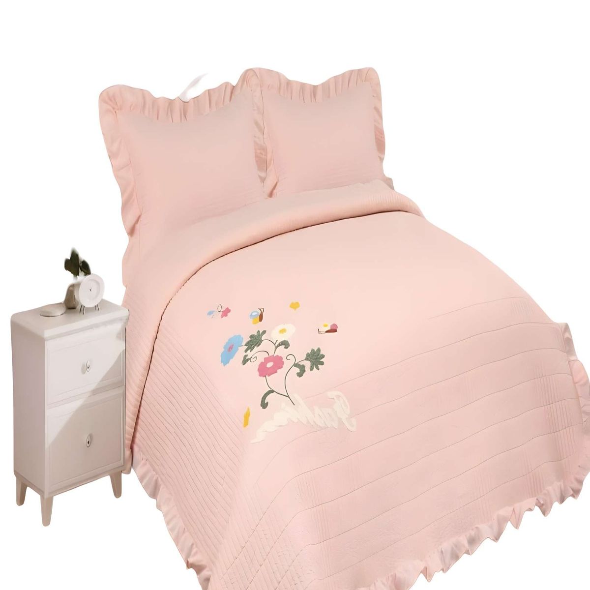 GENERICO - QUILT CUBRECAMA DE VERANO CON FLORES BORDADAS 2 PLAZAS  BEIGE