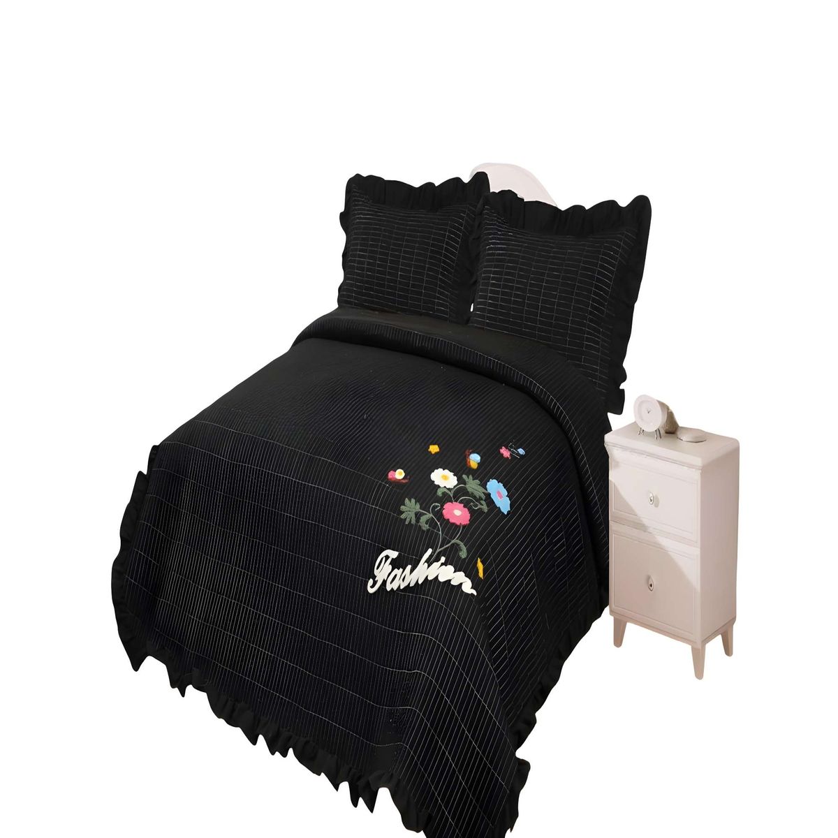 GENERICO - QUILT CUBRECAMA DE VERANO CON FLORES BORDADAS 2 PLAZAS NEGRO