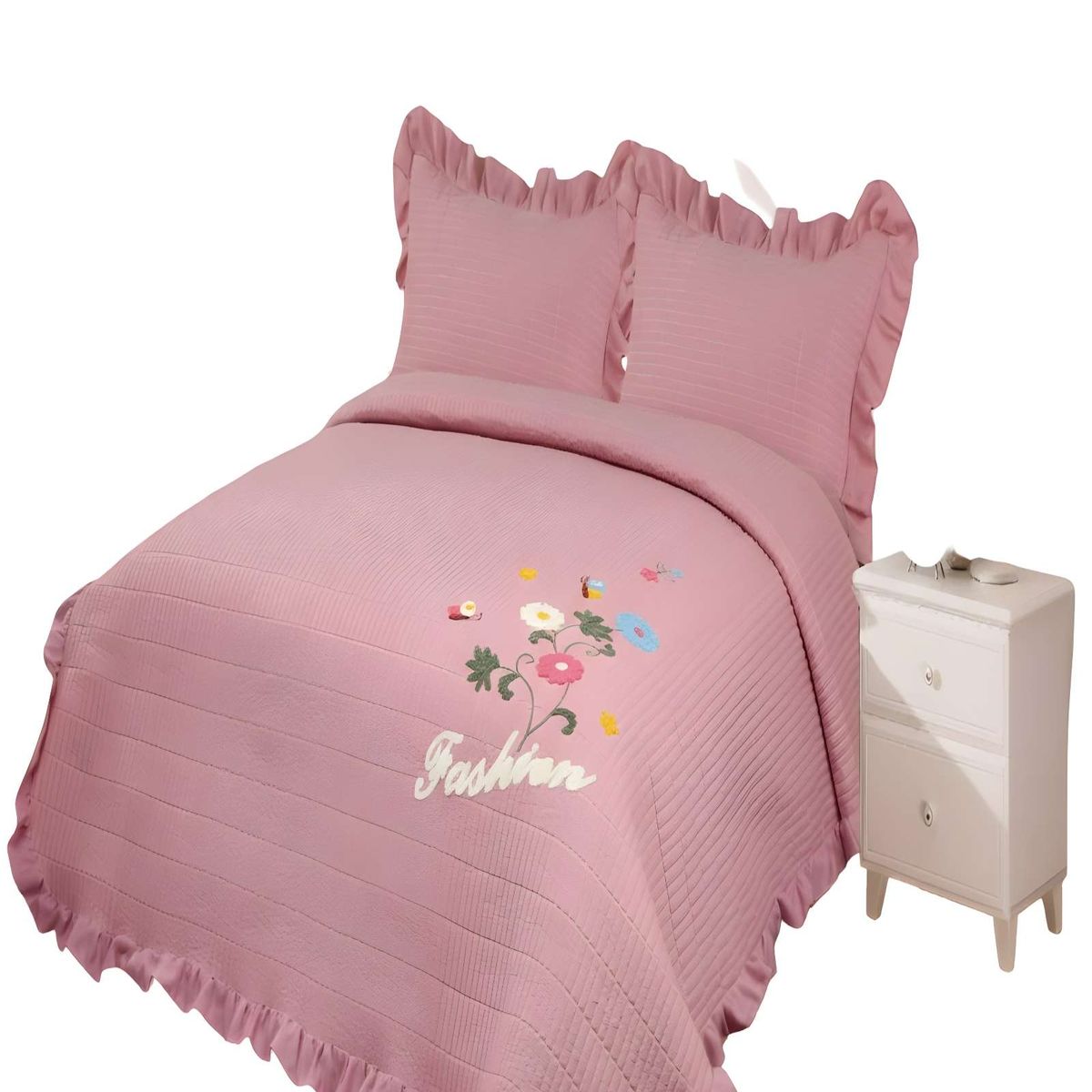 GENERICO - QUILT CUBRECAMA DE VERANO CON FLORES BORDADAS 2 PLAZAS ROSA O