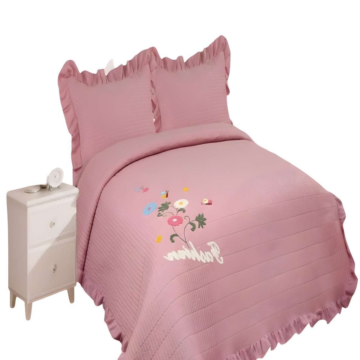 GENERICO - QUILT CUBRECAMA DE VERANO CON FLORES BORDADAS 2 PLAZAS ROSA O