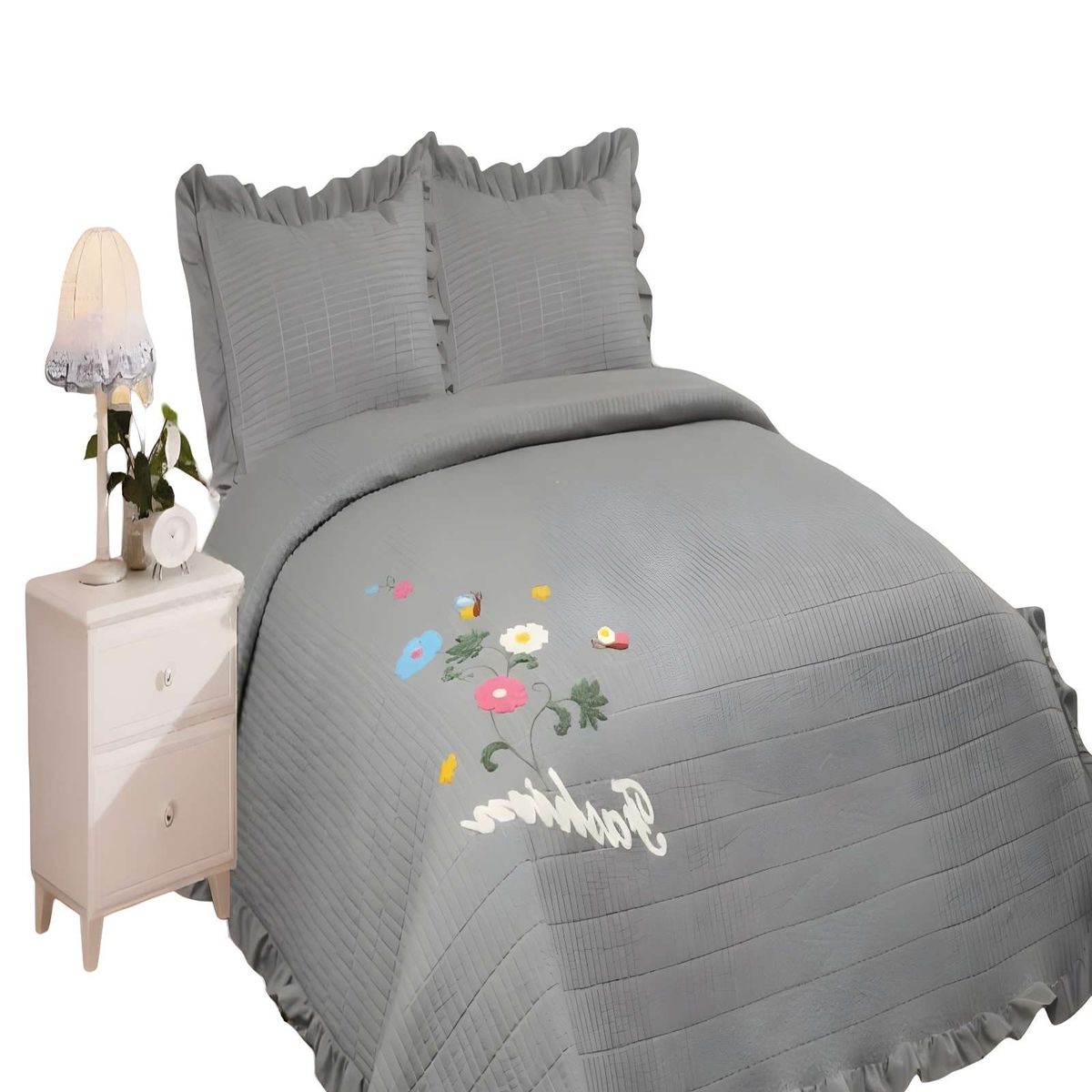 GENERICO - QUILT CUBRECAMA DE VERANO CON FLORES BORDADAS 2 PLAZAS GRIS