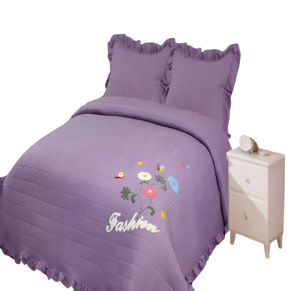 GENERICO - QUILT CUBRECAMA DE VERANO CON FLORES BORDADAS 2 PLAZAS MORADO
