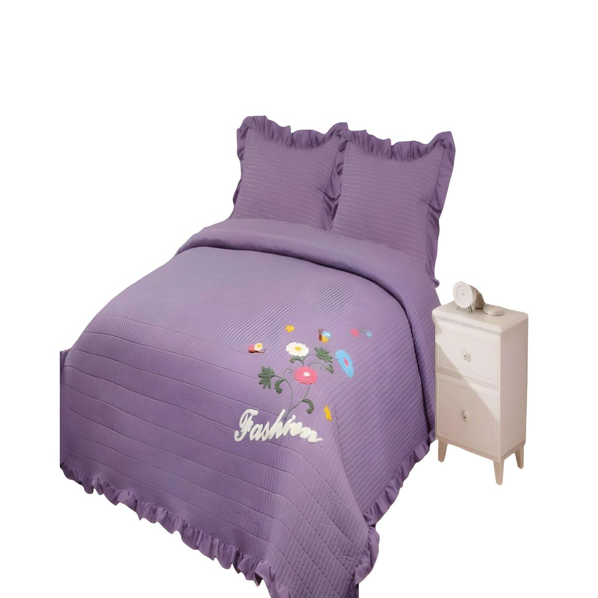 GENERICO - QUILT CUBRECAMA DE VERANO CON FLORES BORDADAS 2 PLAZAS MORADO