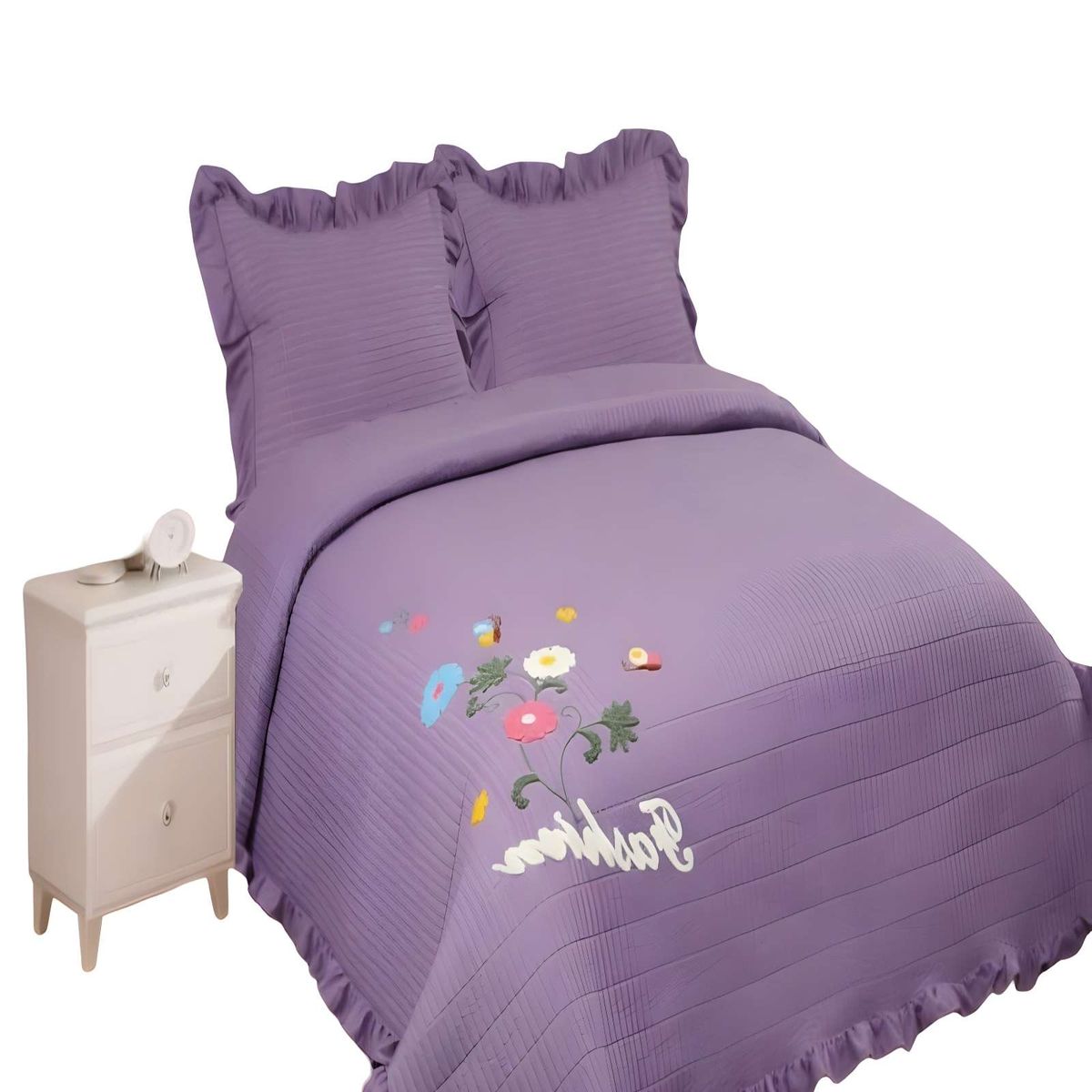 GENERICO - QUILT CUBRECAMA DE VERANO CON FLORES BORDADAS 2 PLAZAS MORADO