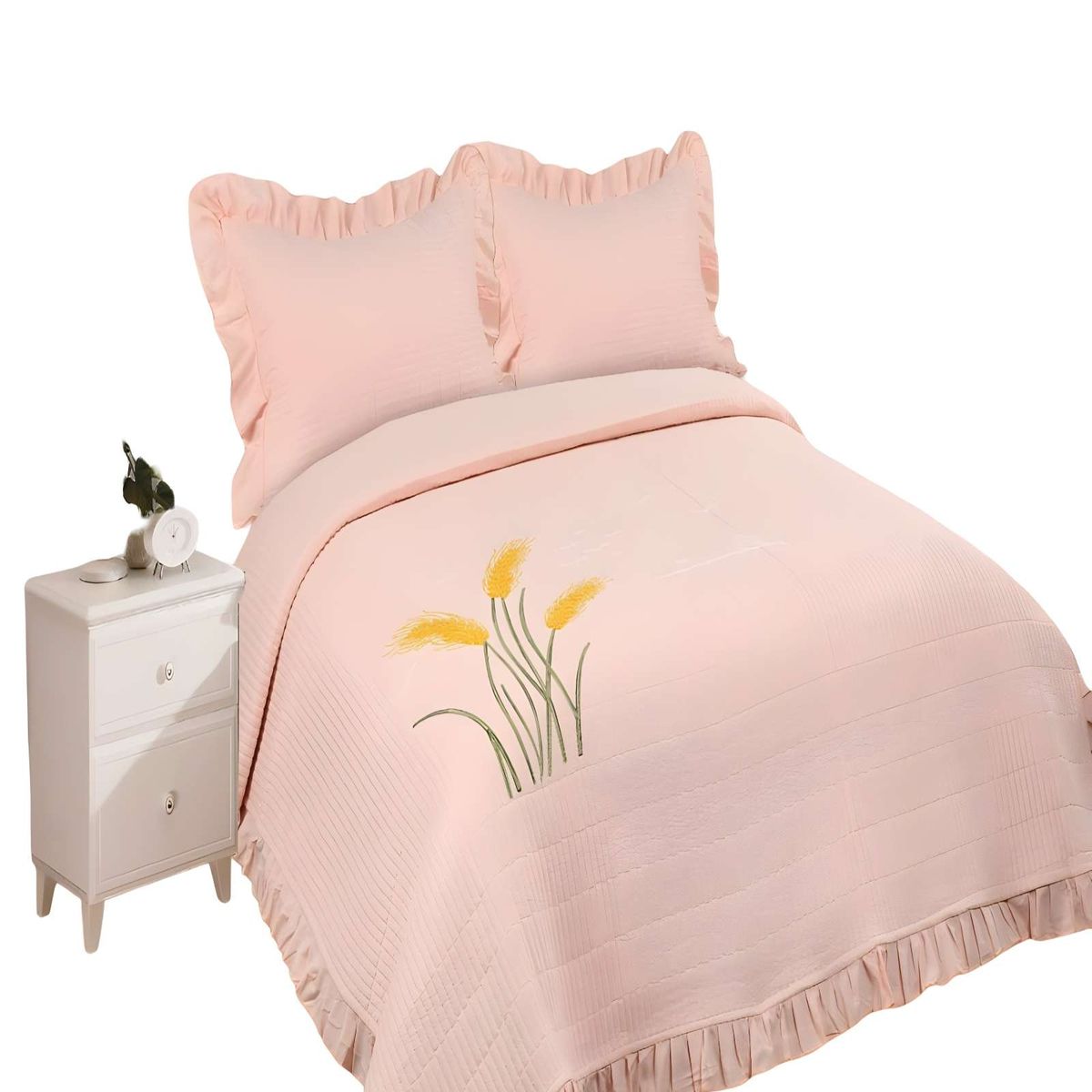 GENERICO - QUILT CUBRECAMA DE VERANO CON FLORES BORDADAS 2 PLAZAS BEIGE 2