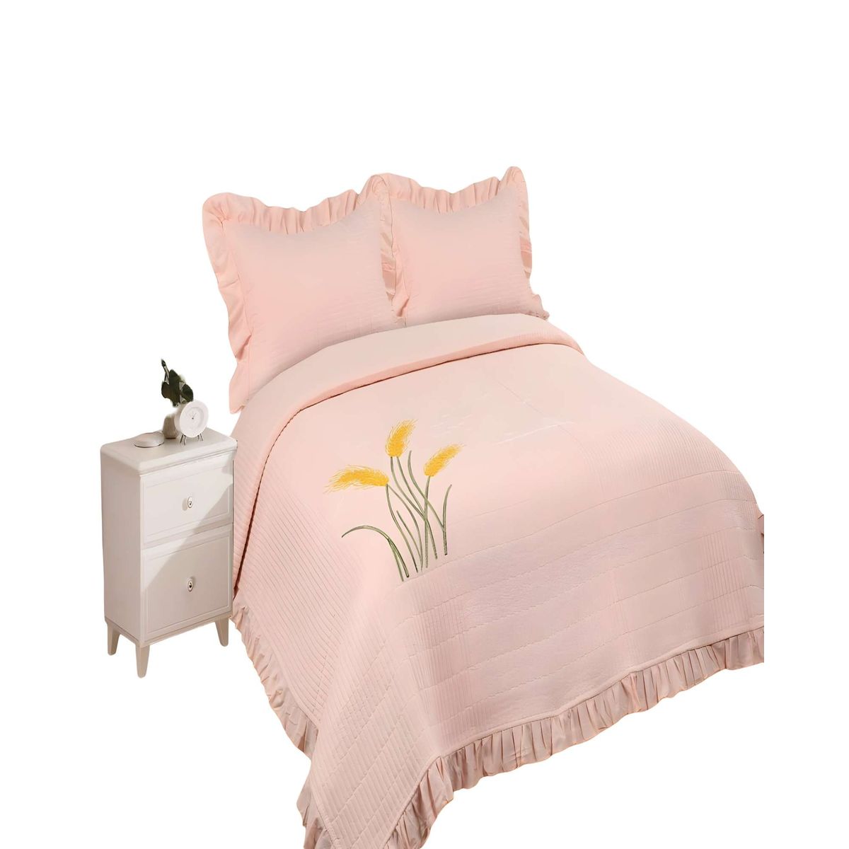 GENERICO - QUILT CUBRECAMA DE VERANO CON FLORES BORDADAS 2 PLAZAS BEIGE 2
