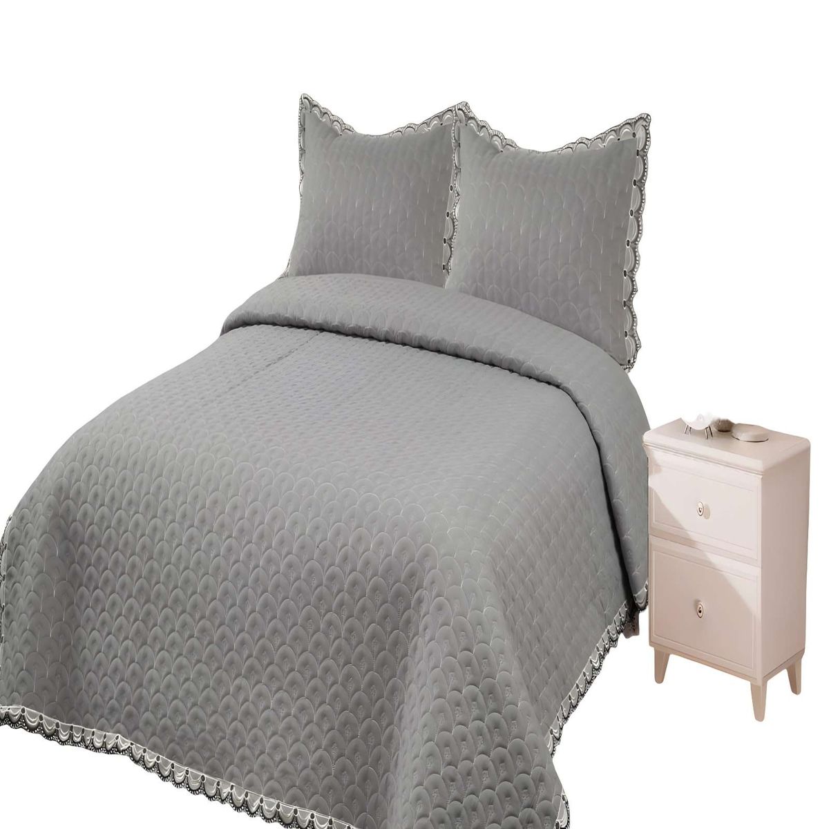 GENERICO - QUILT CUBRECAMA DE VERANO BORDADO 2 PLAZAS GRIS.