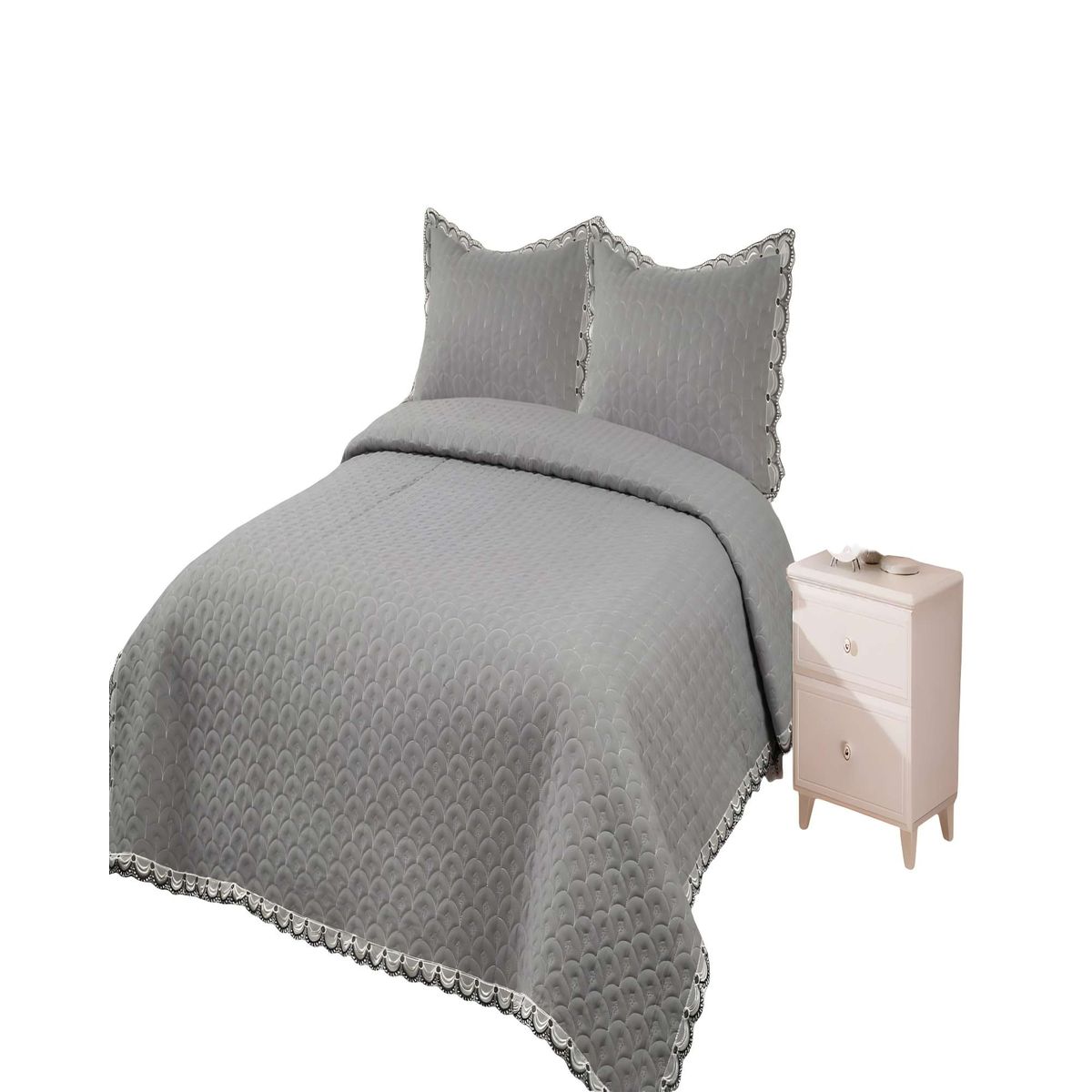 GENERICO - QUILT CUBRECAMA DE VERANO BORDADO 2 PLAZAS GRIS.
