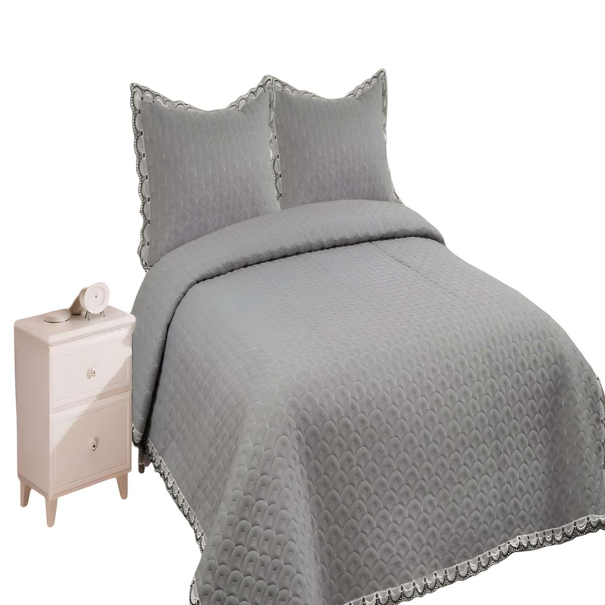 GENERICO - QUILT CUBRECAMA DE VERANO BORDADO 2 PLAZAS GRIS.
