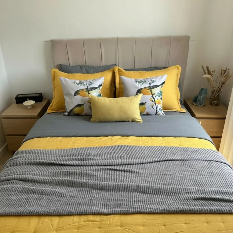 Set Ropa De Cama Gris Mostaza 6 Piezas Algodon + Chenille King