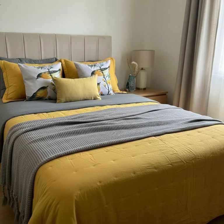 Set Ropa De Cama Gris Mostaza 6 Piezas Algodon + Chenille, 2 plaza Amarillo 2 PLAZAS