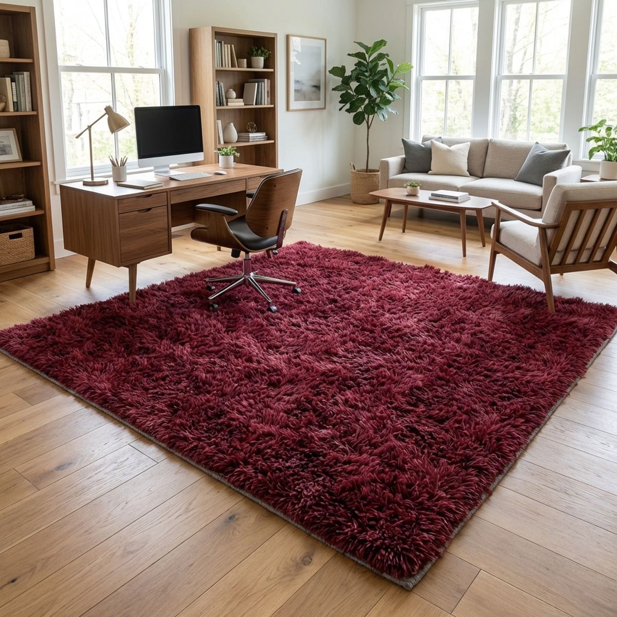 ARMONIA - Alfombra Burdeo 180x200 Pelo Largo Decorativa Oficina