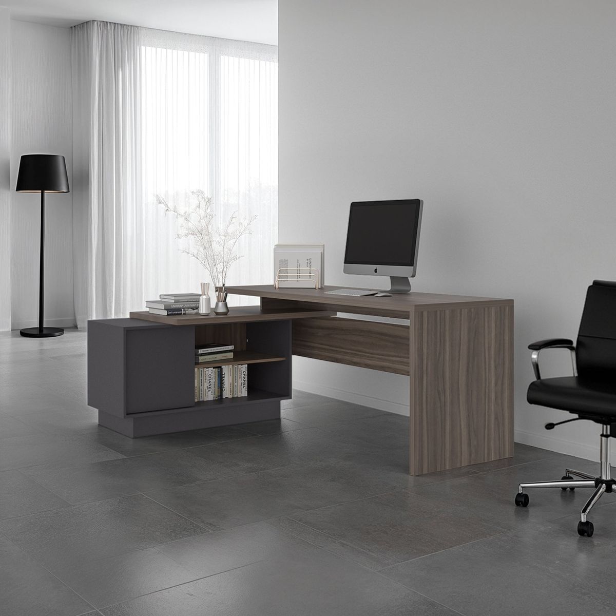 TUHOME - Escritorio En L 1 Puerta Office 712x179x1257 Cm Avellana Y Plomo