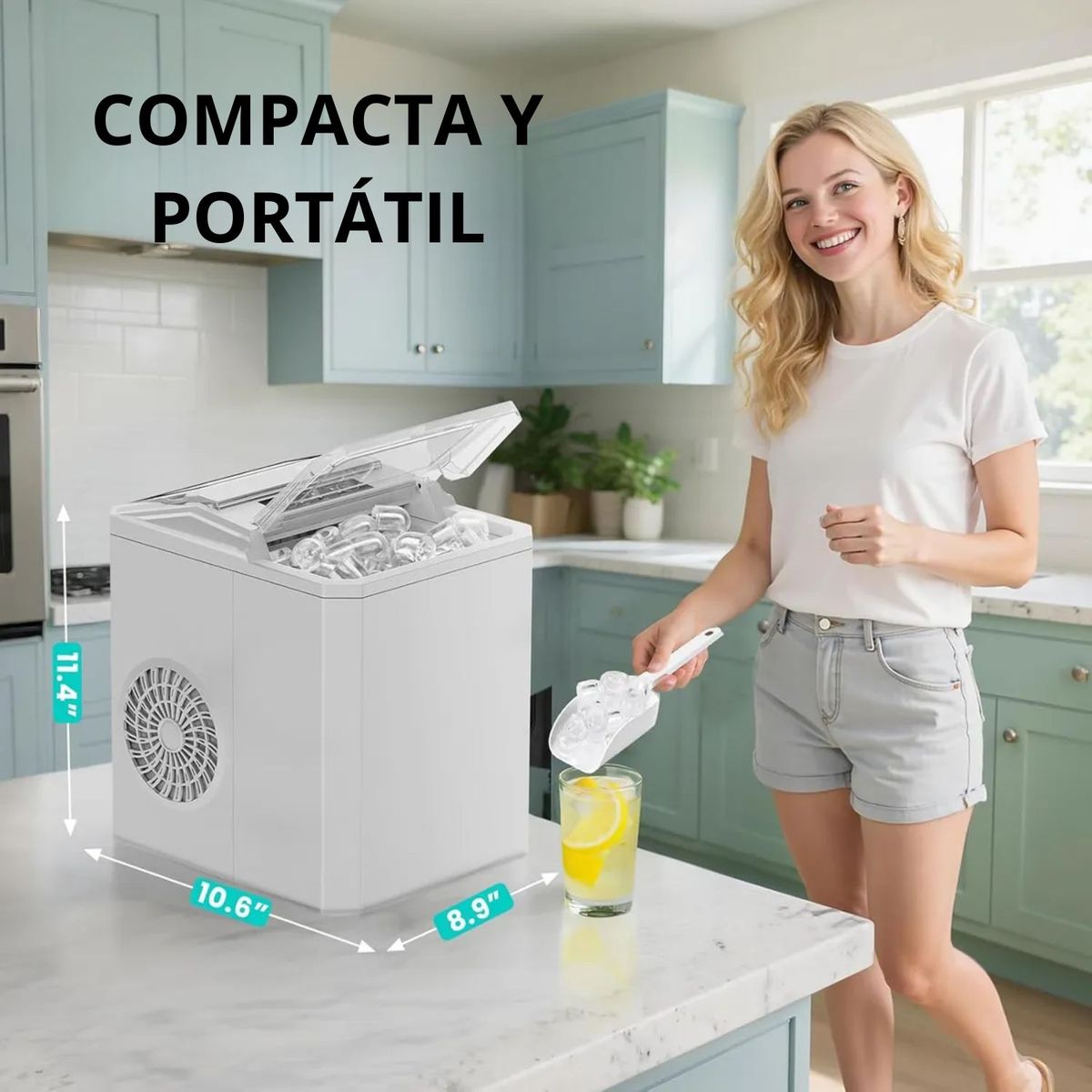 MOVI - MAQUINA PARA HACER HIELO, 9 CUBOS CADA 8 MINUTOS, 2 TAMAÑOS DE CUBO