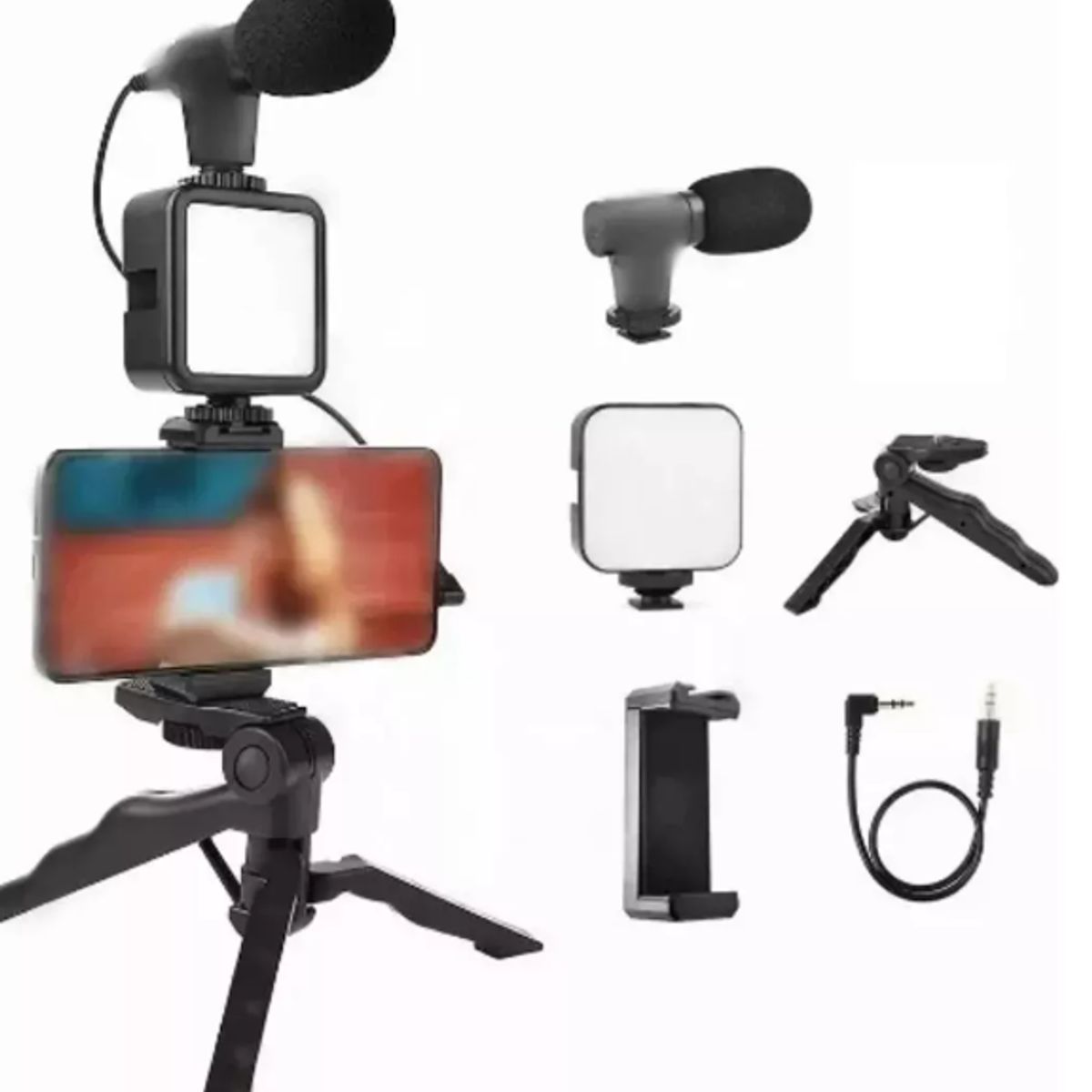 GENERICO - Kit De Grabacion Con Microfono Linterna Led Soporte Tripode Estructura