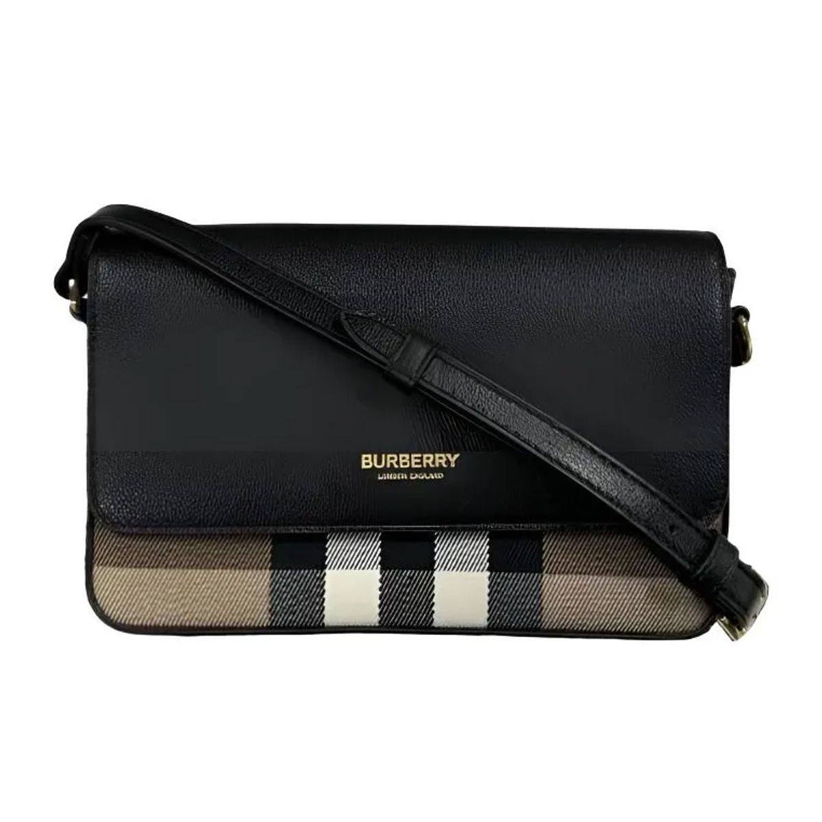 BURBERRY - Burberry Bolso bandolera cruzado New Hampshire en lona a cuadros y cuero negro 81072691