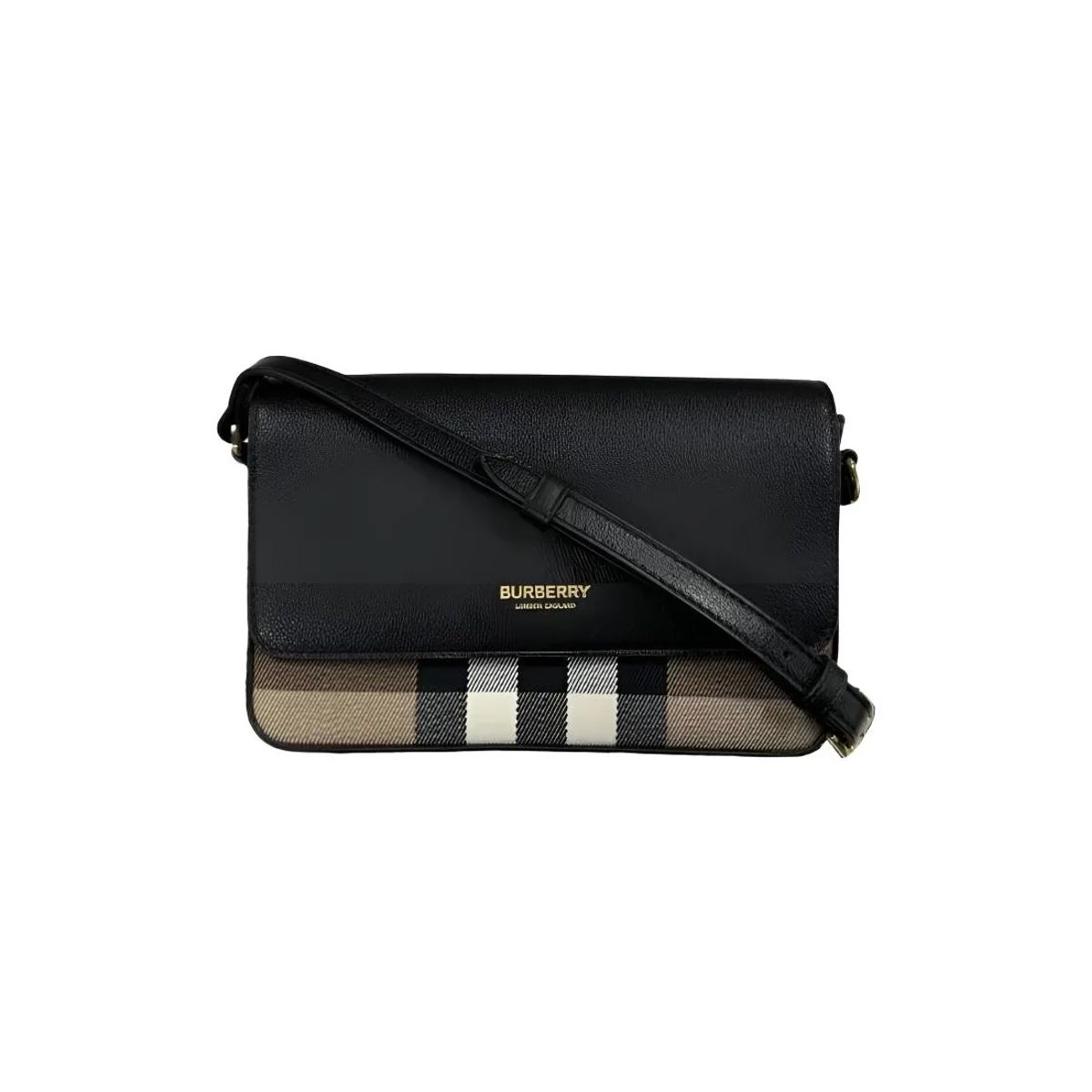BURBERRY - Burberry Bolso bandolera cruzado New Hampshire en lona a cuadros y cuero negro 81072691