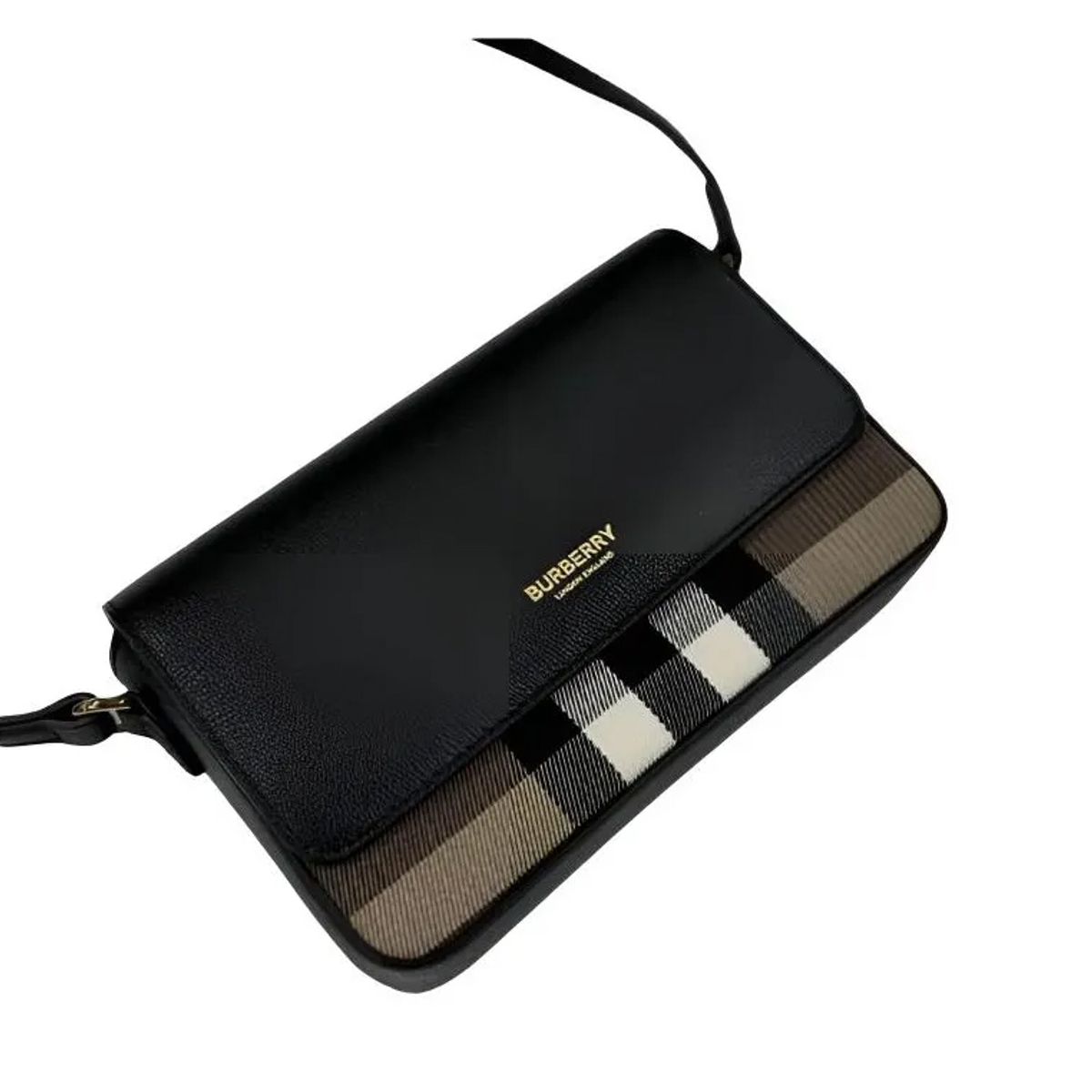 BURBERRY - Burberry Bolso bandolera cruzado New Hampshire en lona a cuadros y cuero negro 81072691