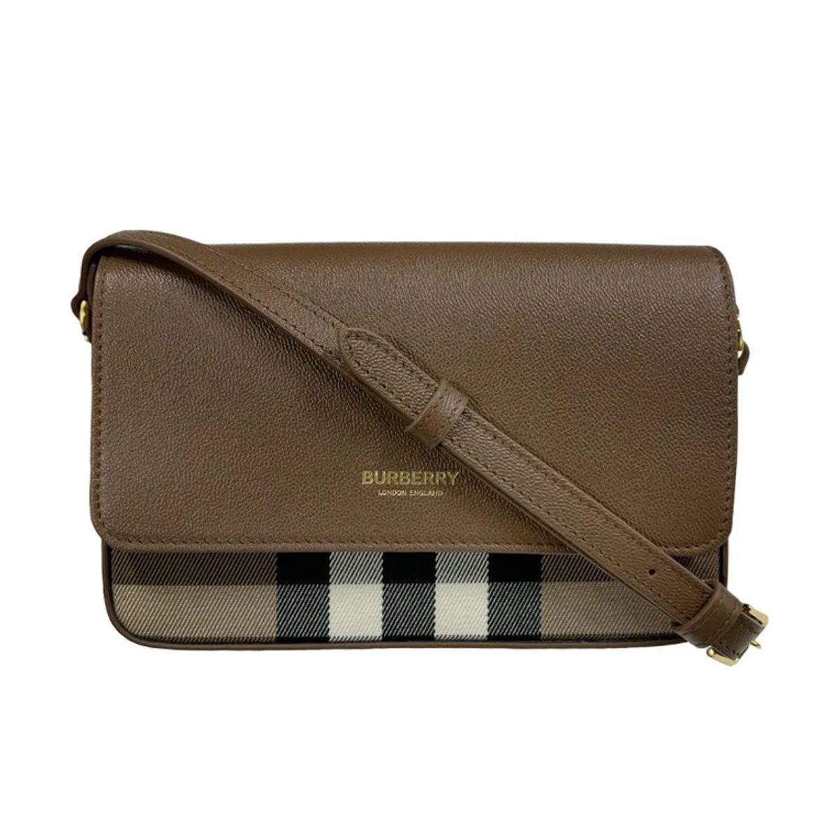 BURBERRY - Burberry Bolso bandolera cruzado New Hampshire en lona a cuadros y cuero marrón 81072701