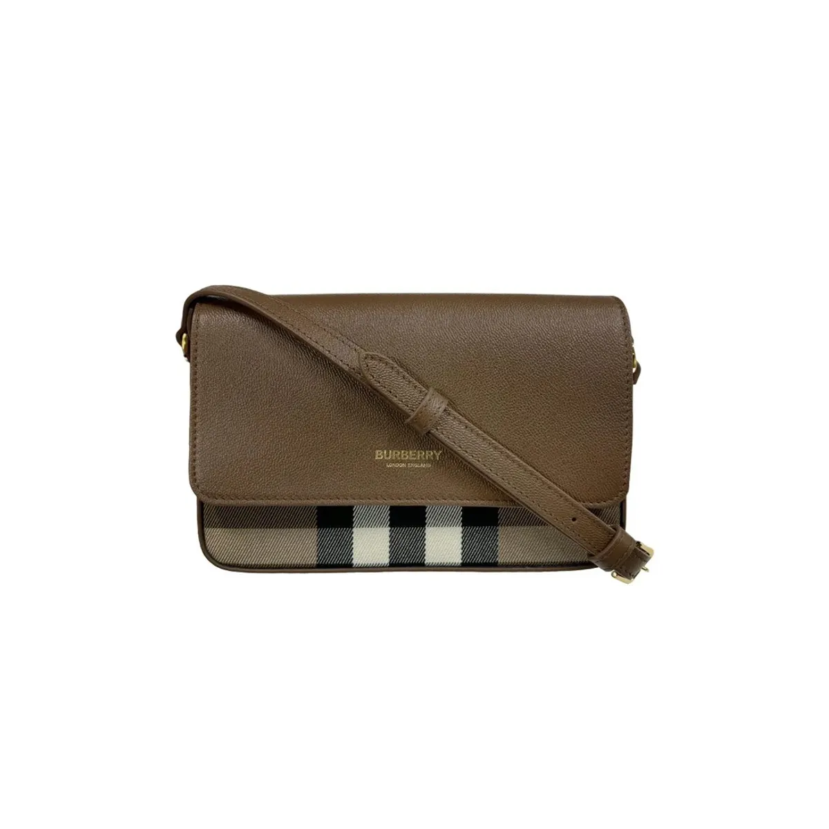 BURBERRY - Burberry Bolso bandolera cruzado New Hampshire en lona a cuadros y cuero marrón 81072701