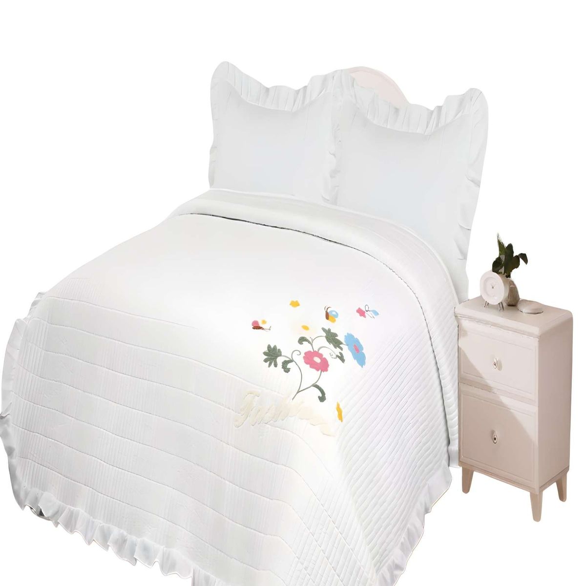 GENERICO - CUBRECAMA DE VERANO QUILT CON FLORES BORDADAS 2 PLAZAS BLANCO