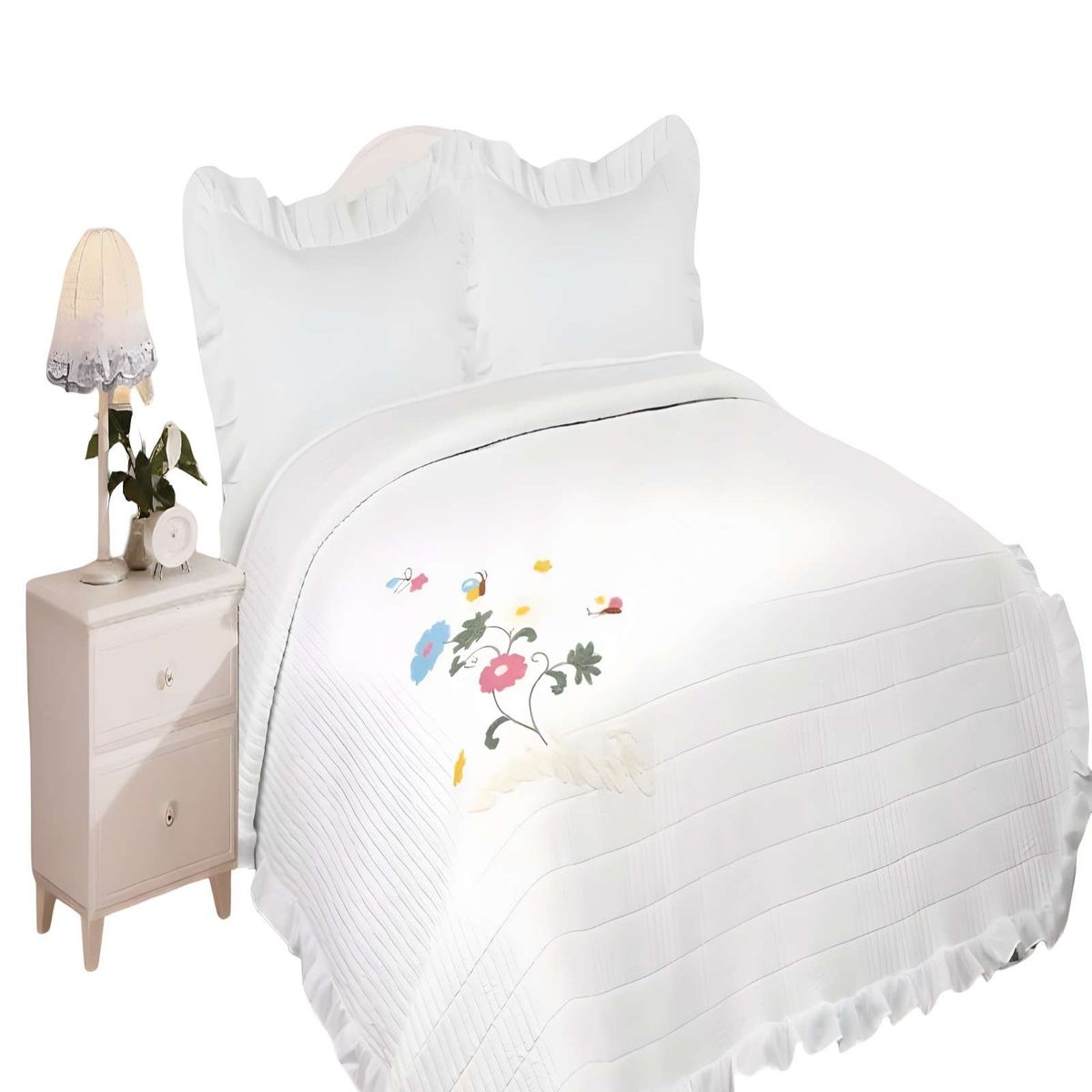GENERICO - CUBRECAMA DE VERANO QUILT CON FLORES BORDADAS 2 PLAZAS BLANCO