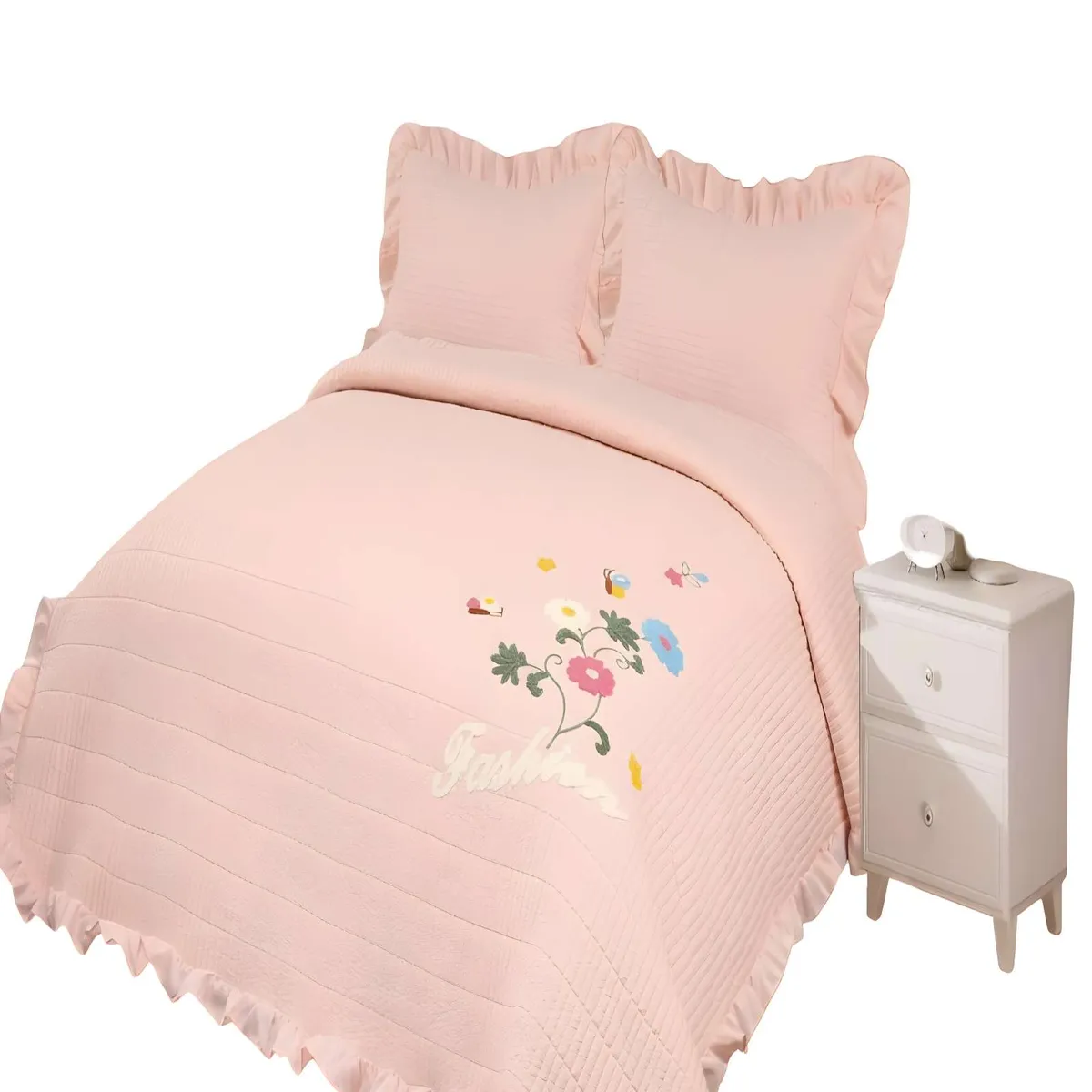 GENERICO - CUBRECAMA DE VERANO QUILT CON FLORES BORDADAS 2 PLAZAS  BEIGE