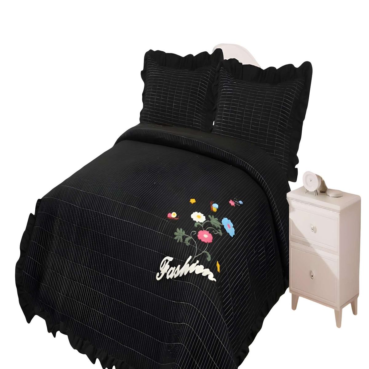 GENERICO - CUBRECAMA DE VERANO QUILT CON FLORES BORDADAS 2 PLAZAS NEGRO