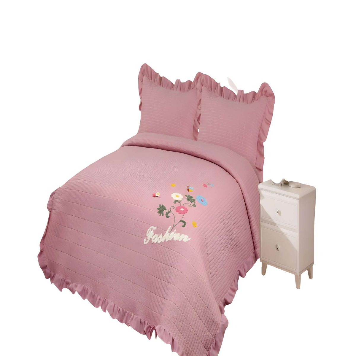 GENERICO - CUBRECAMA DE VERANO QUILT CON FLORES BORDADAS 2 PLAZAS ROSA O