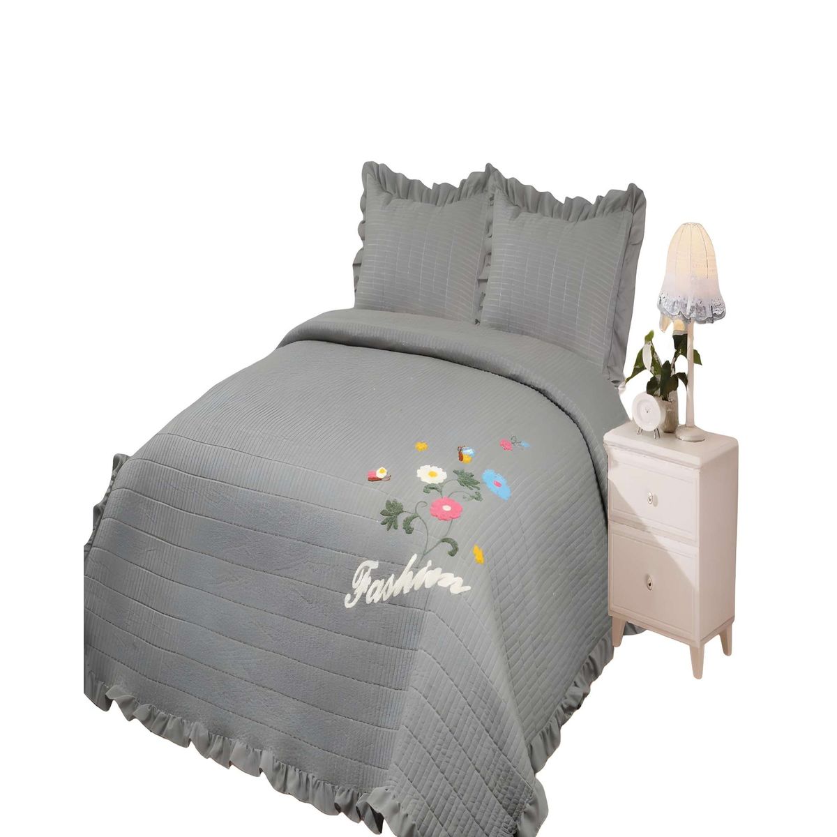 GENERICO - CUBRECAMA DE VERANO QUILT CON FLORES BORDADAS 2 PLAZAS GRIS