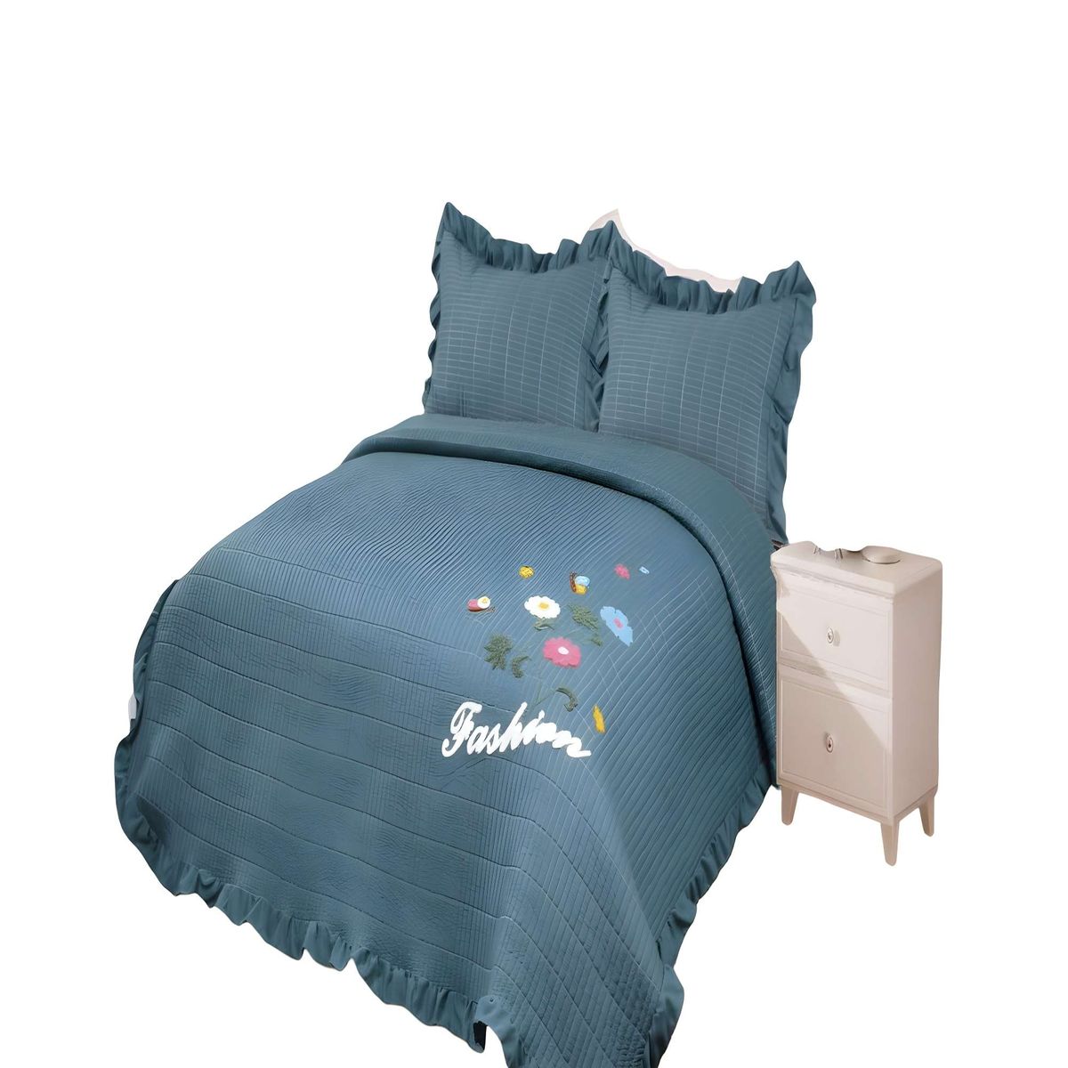 GENERICO - CUBRECAMA DE VERANO QUILT CON FLORES BORDADAS 2 PLAZAS GRIS O