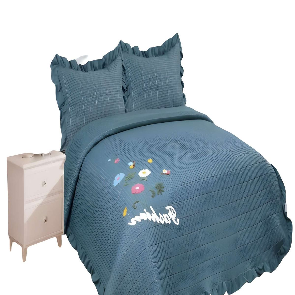 GENERICO - CUBRECAMA DE VERANO QUILT CON FLORES BORDADAS 2 PLAZAS GRIS O
