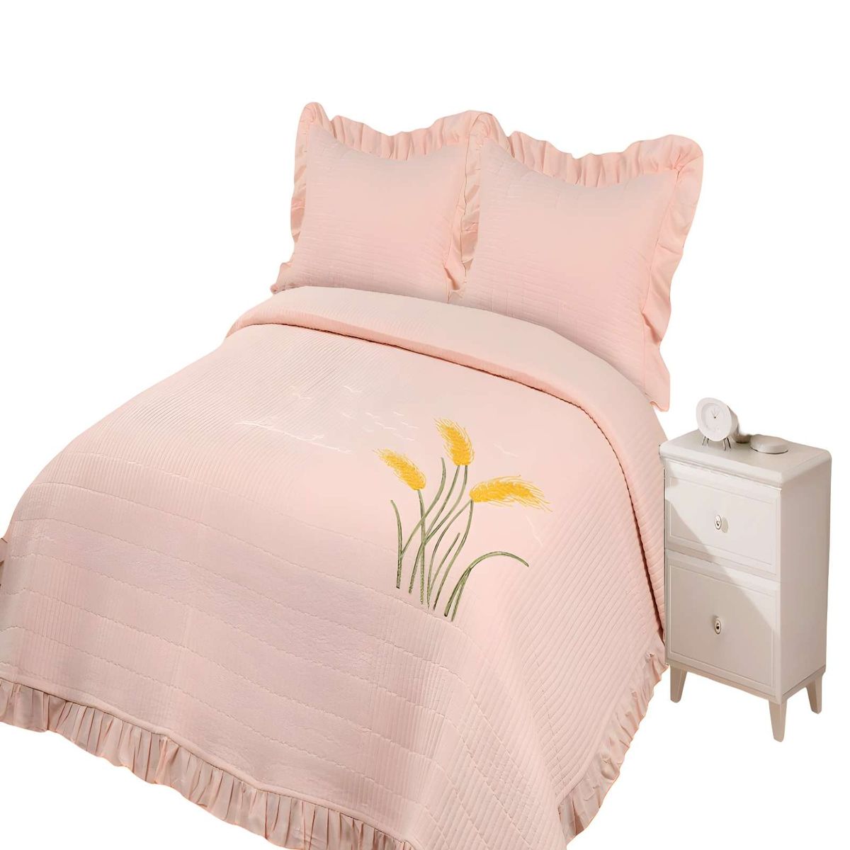 GENERICO - CUBRECAMA DE VERANO QUILT CON FLORES BORDADAS 2 PLAZAS BEIGE 2