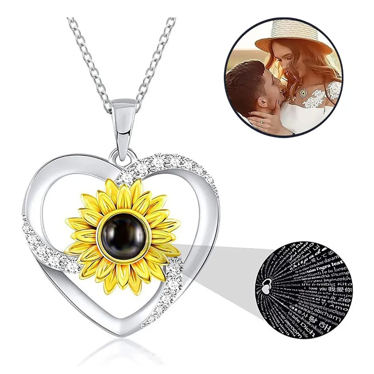 EINICIO - Collar Corazón Girasol Amor En 100 Idiomas Regalo Para Mujer