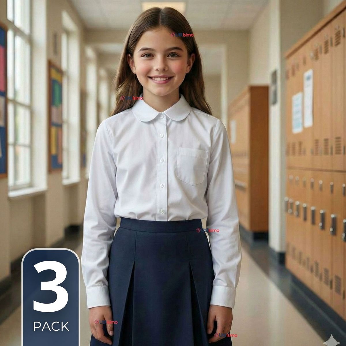 UTILISIMO - Pack 3 Blusas Escolares Camisa Blanca Manga Larga Colegio Para Niñas y Juvenil