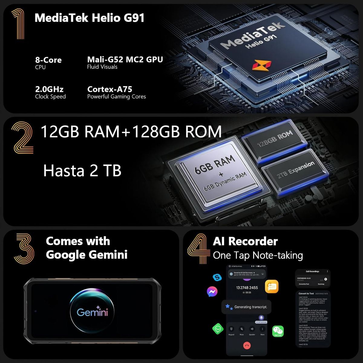 ULEFONE - Ulefone Armor X16 Celular 12GB+128GB 10360mAh Android 15 Smartphone-Negro