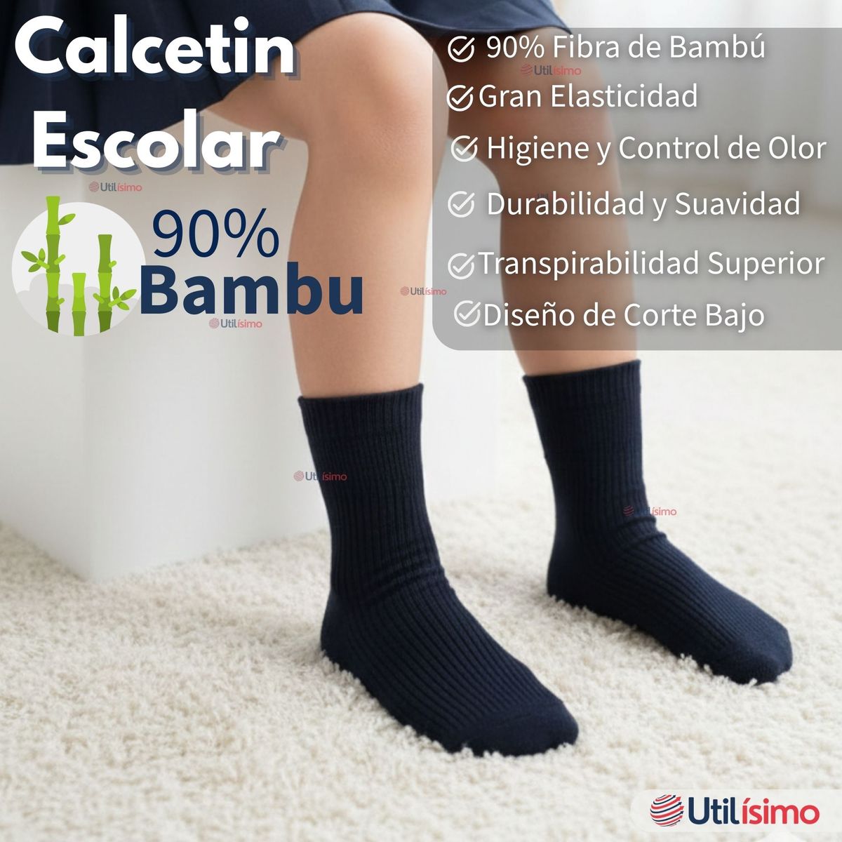 UTILISIMO - Calcetín Escolar Corto Bambú Azul Niño y Nina