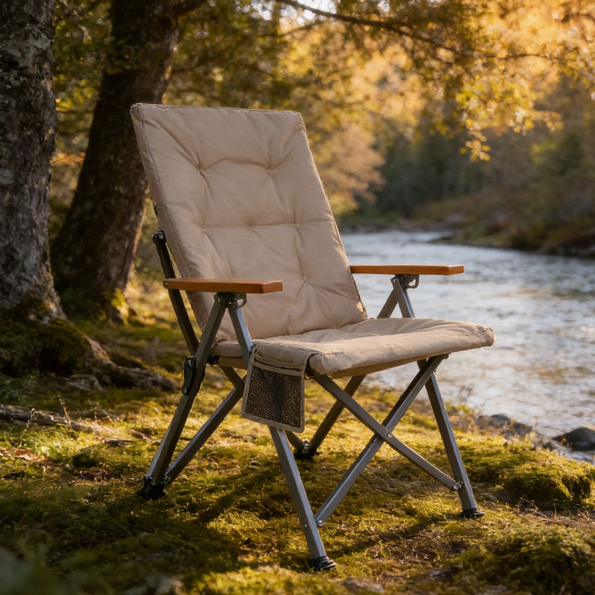 ELEMENT DESIGN - Silla Camping Plegable con Apoyabrazos de Madera Acolchada Caqui