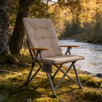 Silla Camping Plegable con Apoyabrazos de Madera Acolchada Caqui