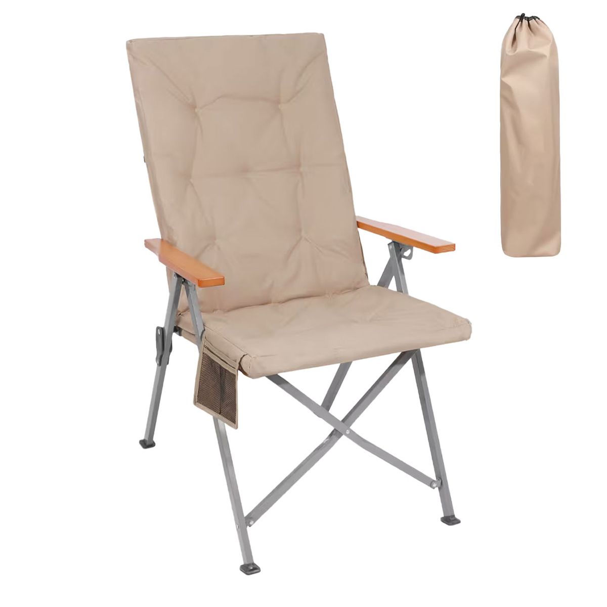 ELEMENT DESIGN - Silla Camping Plegable con Apoyabrazos de Madera Acolchada Caqui