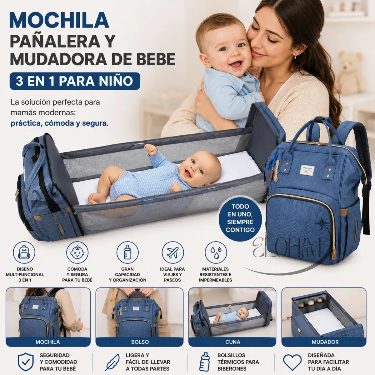 GENERICO - MOCHILA PAÑALERA Y MUDADORA DE BEBE 3 EN 1 PARA  NIÑO - "LA MOCHILA QUE TODO PAPÁ Y MAMÁ NECESITA"